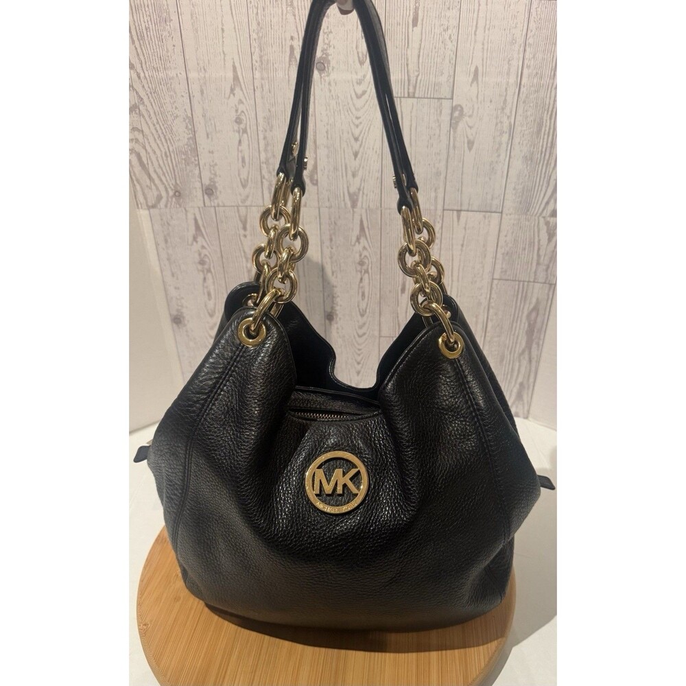 Michael Kors Fulton Hobo Bag Black Pebbled Leather MK Logo Chain Shoulder Purse